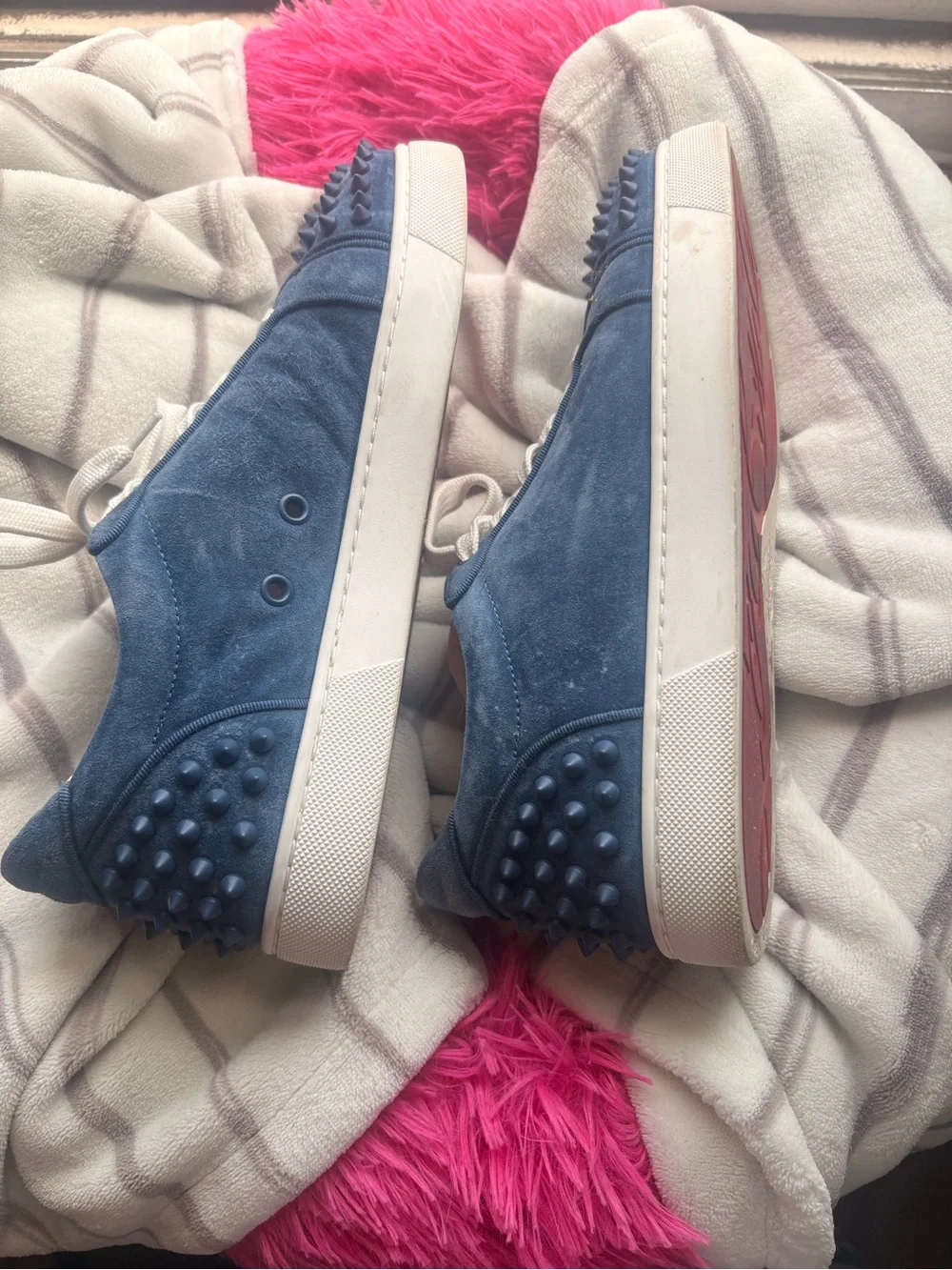 Christian Louboutin Blue Suede Spike-Trim Sneakers with White Laces